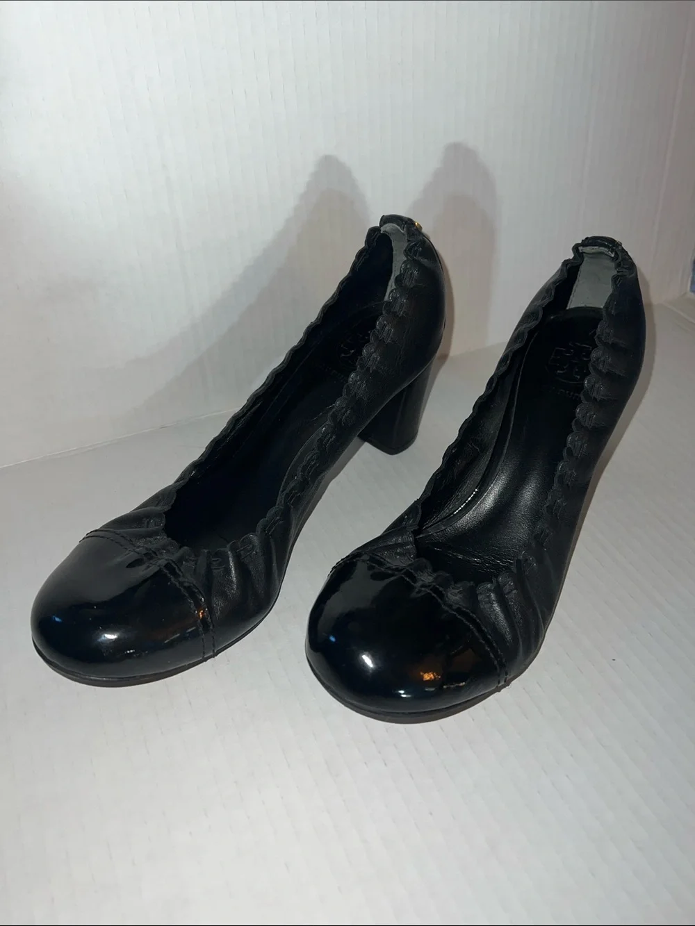 Tory Burch Black Ruched Leather Block Heel Pumps